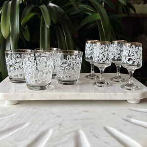 Unique Vintage 8 Piece Hand Decorated Glassware Set - Ornate MCM Barware Glasses